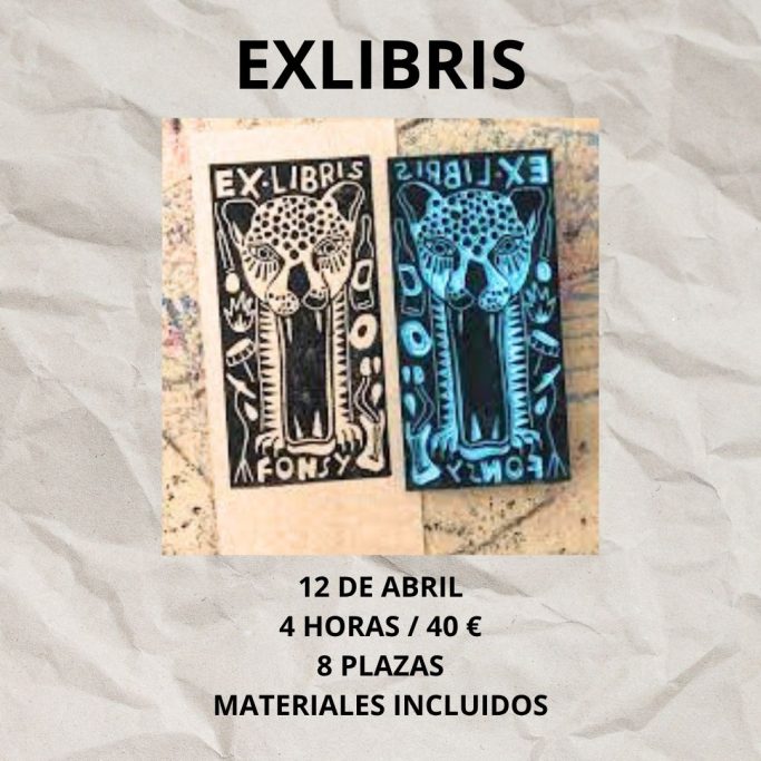 Dos exlibris con diseño de un felino y detalles gráficos, información del taller.