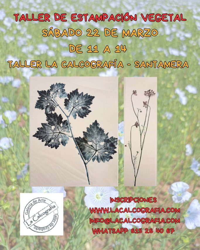 Cartel del taller de estampación vegetal el 22 de marzo, con detalles y contacto.
