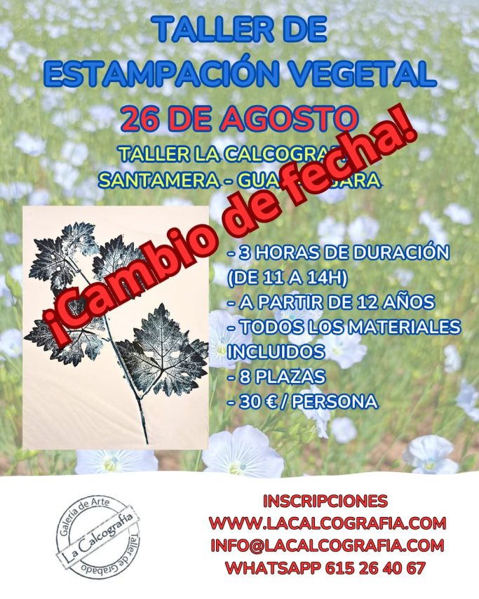 Taller de estampación vegetal el 26 de agosto, con cambio de fecha destacado.