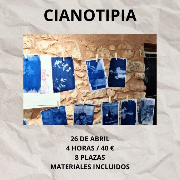 Cartel sobre un taller de cianotipia: fecha, duración, precio y plazas disponibles.